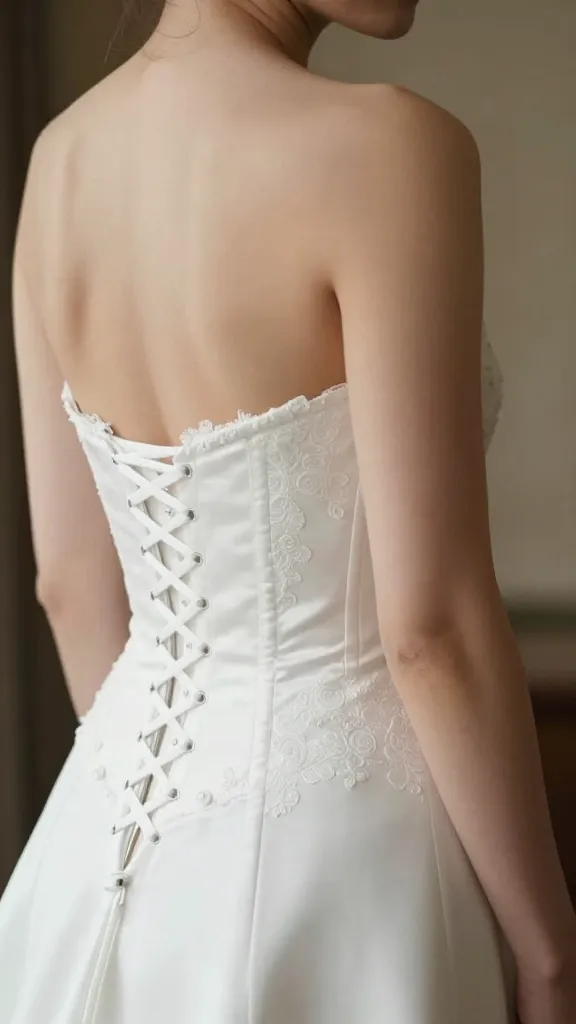 Side-profile view of a bride, emphasizing the corset lacing details and how the bodice shapes the torso, against a neutral, textured backdrop.