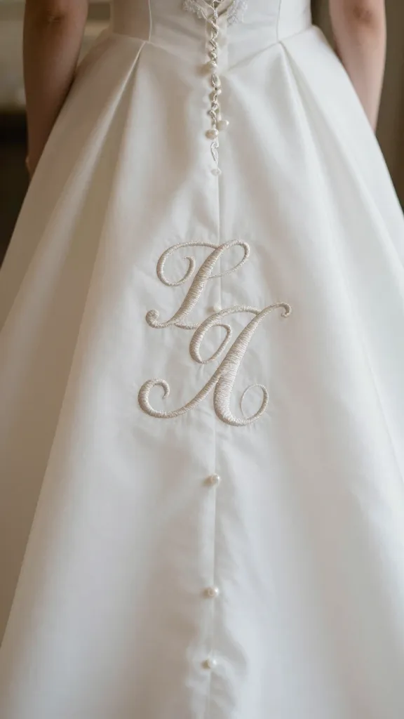 A candid back view of a wedding gown with a personalized embroidered panel featuring a couple’s initials and wedding date in a stacked monogram, subtle shimmer thread catching the light.