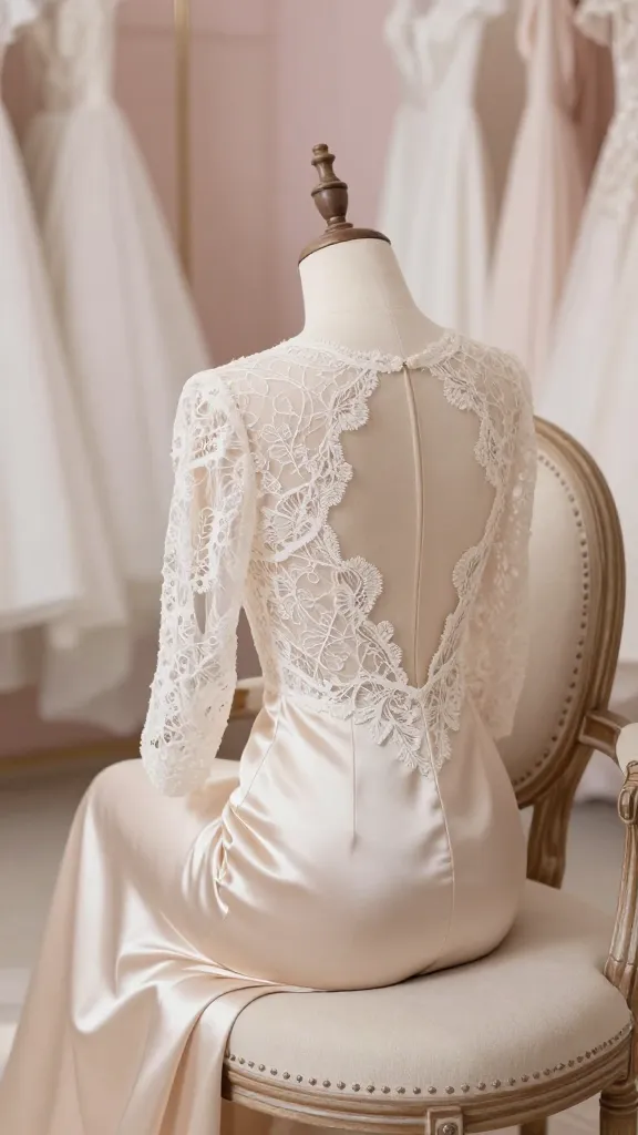 An intimate bridal portrait of a dress with subtle champagne satin underlayers, a sheer lace overlay, and a bold back illusion cutout, perched on a vintage chair in a softly lit, pastel-colored bridal suite.