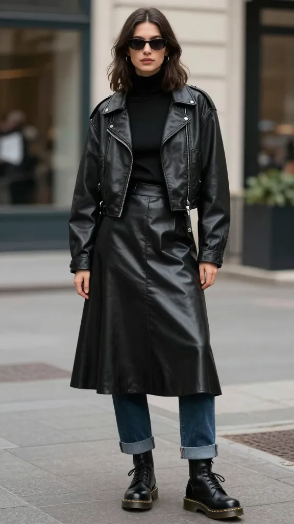A street-ready grunge look: mid-size black Doc Martens paired with a fitted black turtleneck, a chunky vinyl A-line skirt, and a cropped leather jacket, ankle-length jeans cuffed just above the sole, moody urban backdrop, soft natural light, no text.