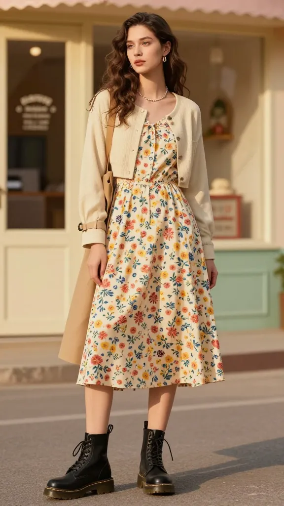 Vintage vibes with modern confidence: ditsy-print midi dress layered with a cropped cardigan, mid-size Doc Martens, and a lightweight trench coat draped over one shoulder, soft retro storefront in the background, warm golden-hour tones, no text.