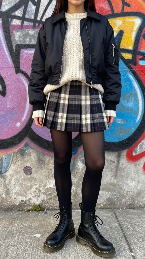 Grunge-meets-prep hybrid: mid-size Doc Martens with a plaid mini skirt, chunky knitted sweater, and a cropped bomber jacket, sheer black tights, graffiti wall backdrop, dynamic urban vibe, no text.