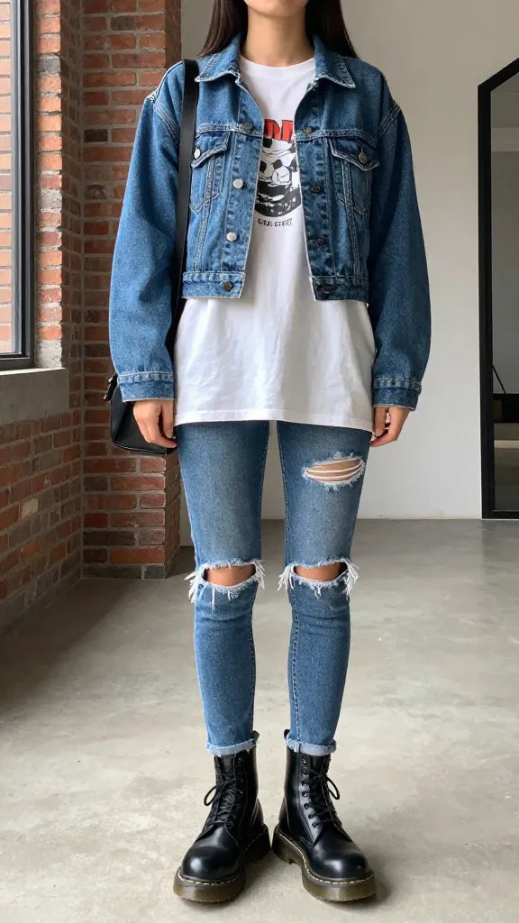 Effortless casual layer game: mid-size Doc Martens worn with ripped skinny jeans, oversized graphic tee, and a cropped denim jacket, crossbody bag, classic brick apartment interior, soft afternoon light, no text.