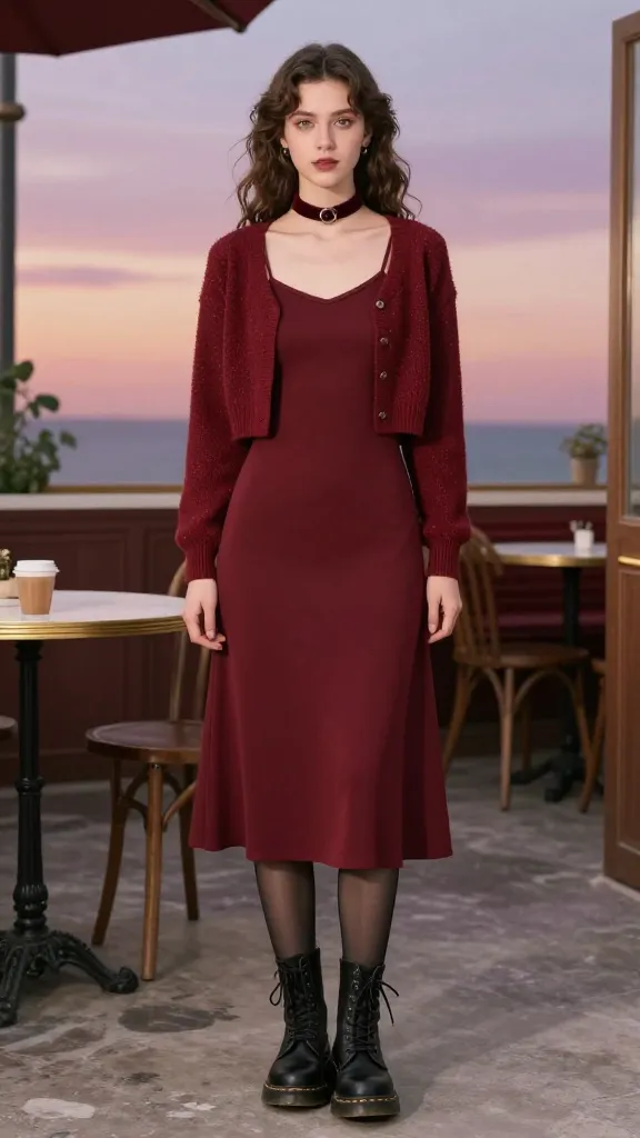 Retro-romantic pairing: mid-size Doc Martens with a midi slip dress layered under a cropped cardigan, sheer tights, and a velvet choker, vintage café exterior, pastel dusk sky, no text.