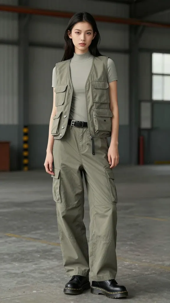 Modern utilitarian vibe: mid-size Doc Martens with cargo trousers, fitted bodysuit, and a structured utility vest, belt bag at hip, industrial warehouse backdrop, cool desaturated tones, no text.