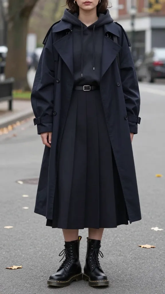 Sophisticated streetwear remix: mid-size Doc Martens with a midi pleated skirt, oversized cropped hoodie, and a longline trench, slim belt shaping silhouette, city park setting with scattered leaves, overcast light, no text.