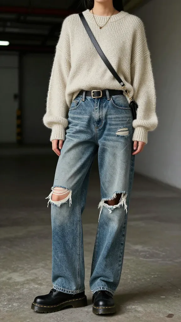 A grungy chic ensemble featuring distressed denim jeans, a chunky black Doc Martens boot, and a soft oversized knit sweater, with a sleek belt bag and subtle jewelry, posed in an industrial hallway.