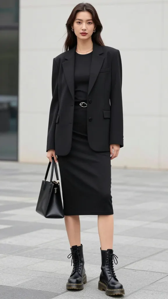 A bold, edgy-meets-workwear look: a black fit-and-flare dress with black Doc Martens and a structured tailored blazer, accessorized with a slim statement belt and a small structured tote, against a clean cityscape backdrop.