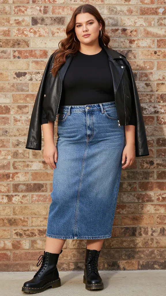 A plus-size model wearing a denim skirt with a high waist, a fitted stretch black top, and black Doc Martens, layered with a faux leather jacket, posed against a brick wall with soft morning light.