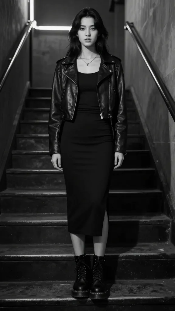 A dramatic monochrome outfit: black Doc Martens, a black midi dress with stretch, a cropped leather jacket, and minimal silver jewelry, standing on a shadowed stairwell with neon accents in the background.