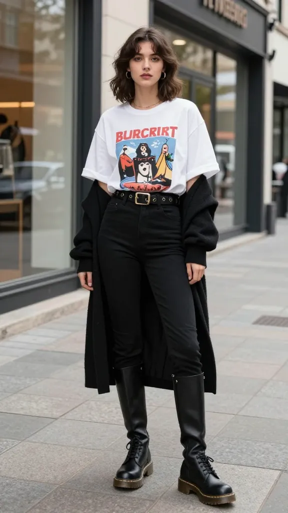 A bold casual look: oversized graphic tee tucked into high-waisted black pants, knee-high Doc Martens, a chunky belt, and a longline cardigan, posing on an urban sidewalk with storefronts.
