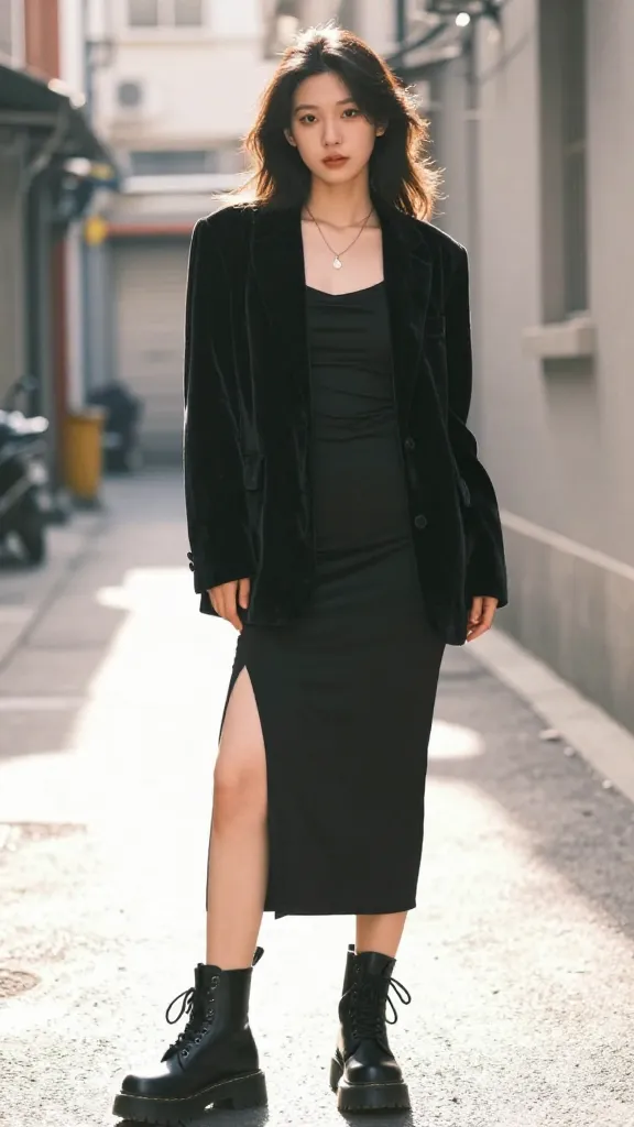 A feminine yet edgy style: velvet blazer over a fitted black slip dress, chunky Doc Martens, and a delicate pendant necklace, posed in a sunlit alley with soft lens flare.