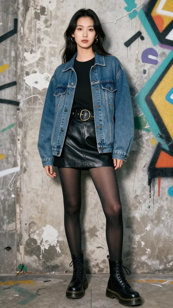 A rocker-chic ensemble: leather mini skirt, sheer black tights, oversized denim jacket, and classic black Doc Martens, with a bold belt and chunky ring details, against a gritty mural backdrop.