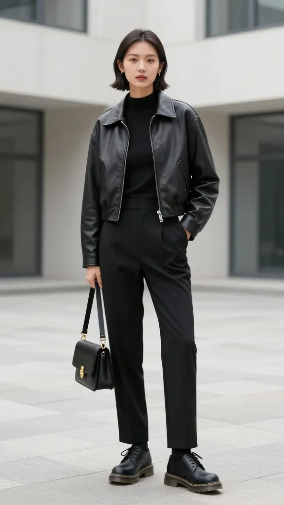 A sophisticated streetwear-inspired outfit: tailored black trousers, a stretch-knit top, a cropped leather jacket, and matte black Doc Martens, holding a small crossbody bag in a modern architectural courtyard.