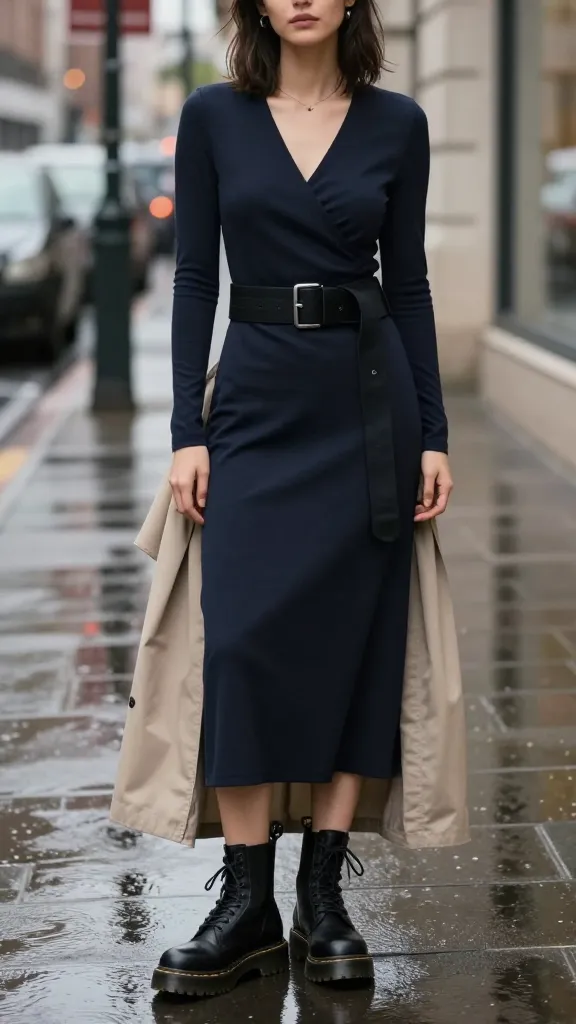 A cozy-but-bold look: long-sleeve wrap dress in a stretch fabric, paired with chunky black Doc Martens, a wide belt, and a lightweight trench, posed on a rainy city street with reflective puddles.