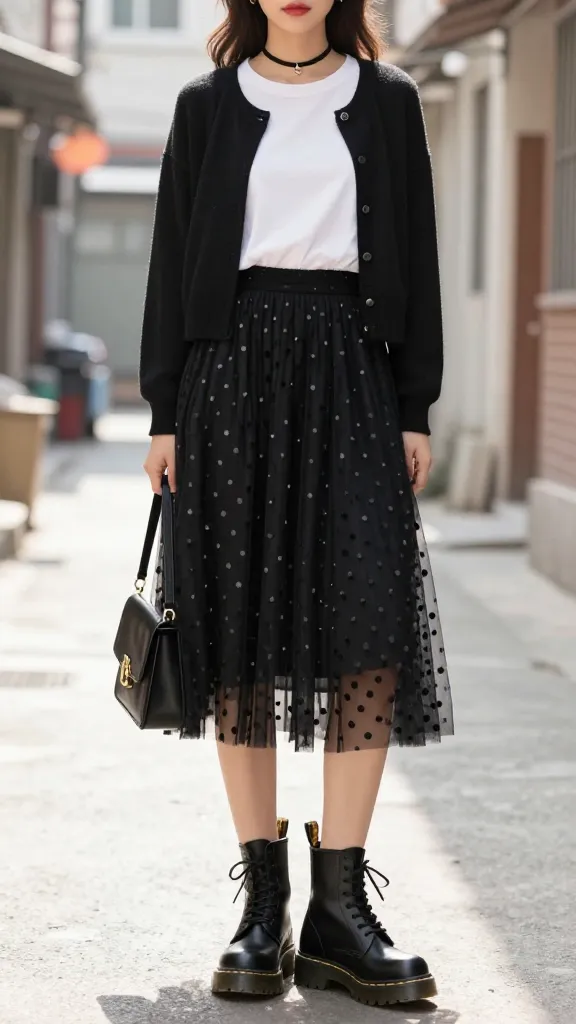 A young woman wearing chunky black Doc Martens, a knee-length black tulle skirt with polka dots, a tucked-in white tee, and a cropped cardigan, standing in a sunlit urban alley with a delicate black choker and a tiny structured handbag, soft bokeh in the background; candy-meets-concert vibe, no text.