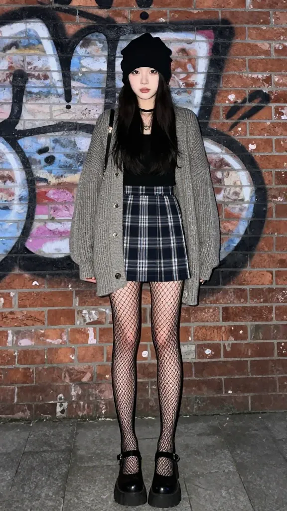 Girly grunge look: plaid mini skirt, oversized knit cardigan in muted tones, black Mary Janes with chunky soles, fishnet tights, and a slouched beanie; graffiti-covered brick wall behind, moody lighting, casual cool.