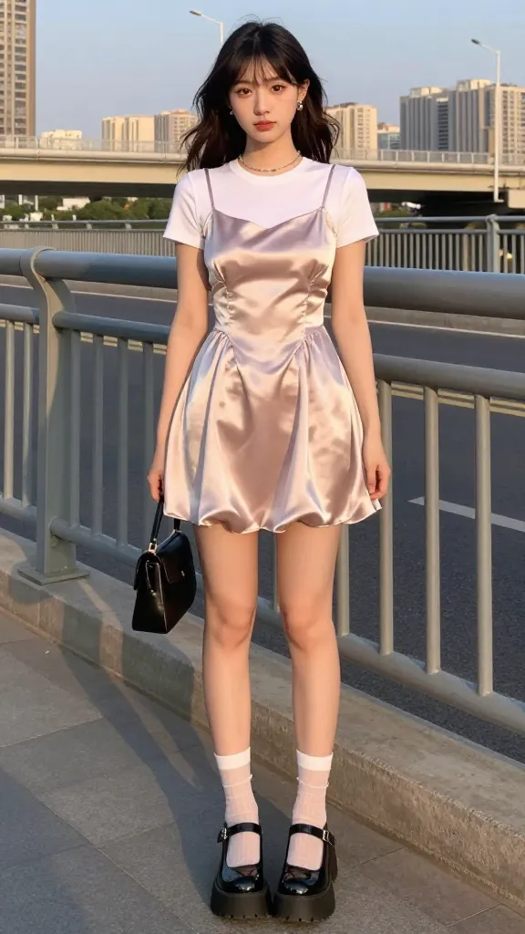 Sweet meets street: satin baby-doll dress with a subtle sheen layered over a fitted tee, patent black dilated Mary Janes with chunky soles, a micro purse, and sheer ankle socks; city bridge backdrop at golden hour, vibrant yet cute.