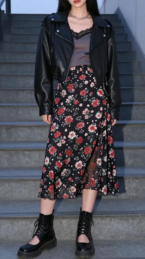 Edgy floral mix: mid-length floral print skirt paired with combat-style Mary Janes, a cropped leather jacket, lace-trim camisole, and a dainty chain bracelet; urban staircase setting, soft dusk glow, rebellious-yet-feminine.