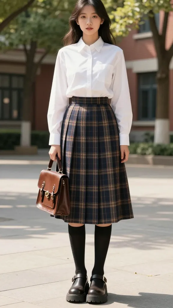 Preppy with bite: crisp white shirt tucked into a plaid midi skirt, Mary Jane boots with exaggerated soles, knee-high socks, and a small structured satchel; bright collegiate courtyard, sunlight through trees.