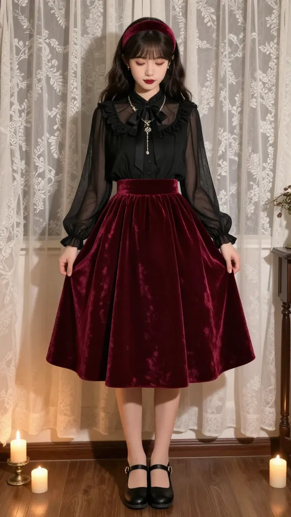 Velvet goth-cute: velvet A-line skirt in deep burgundy, sheer black blouse with bow tie, matte black Mary Janes, layered necklaces, and a velvet headband; candlelit room with vintage vibe, lace curtains in background.