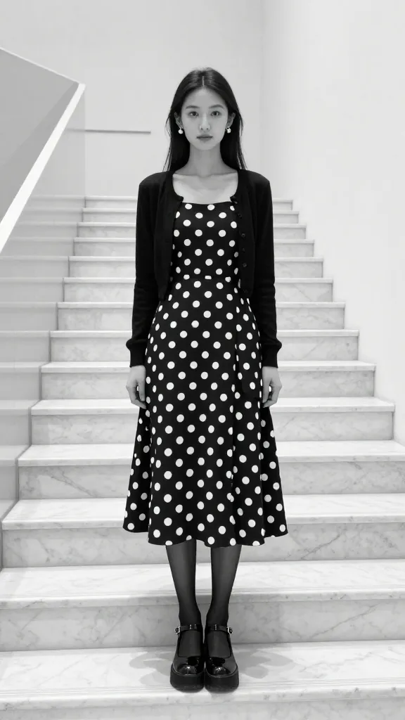 whimsical monochrome: polka-dotted skirt suit with matching Mary Jane platforms, sheer black tights, black cardigan, and delicate pearl earrings; marble staircase in a modern gallery, high-contrast black-and-white tones.
