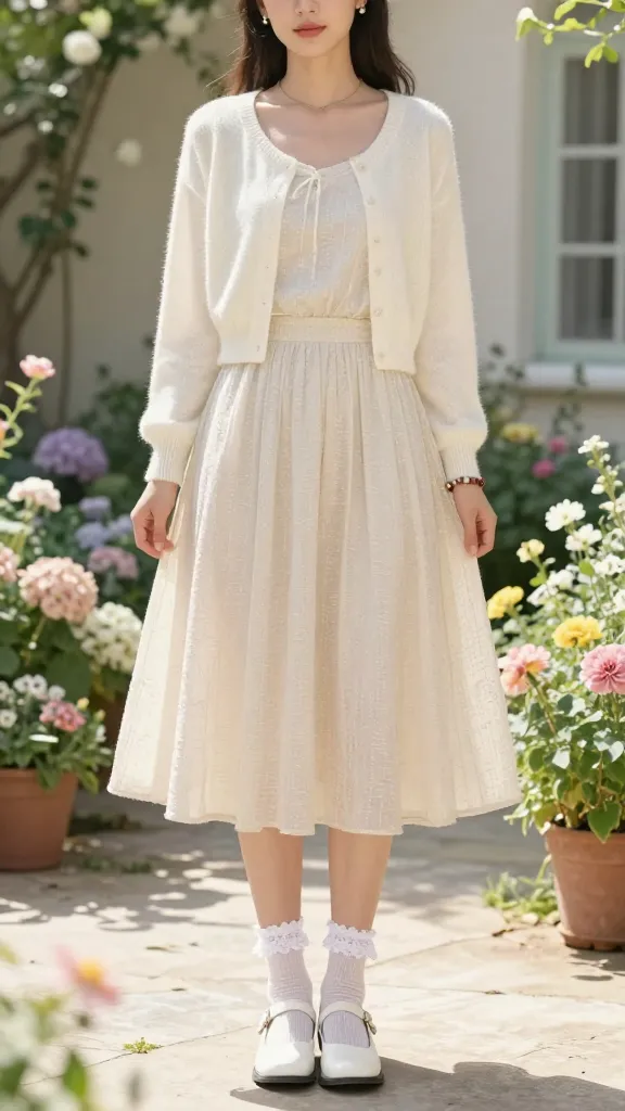 Garden party rebel: A-line skirt with subtle metallic thread, lightweight cropped cardigan, white Mary Janes, ankle socks with lace trim, and a beaded bracelet; sun-drenched courtyard with blooming flowers and pastel accents, soft shadow play.