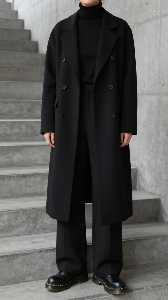 Minimalist monochrome city style: all-black outfit featuring mid-size Doc Martens, a sleek turtleneck sweater, tailored wide-leg trousers, and a longline blazer, clean concrete stairwell setting, high-contrast lighting, no text.