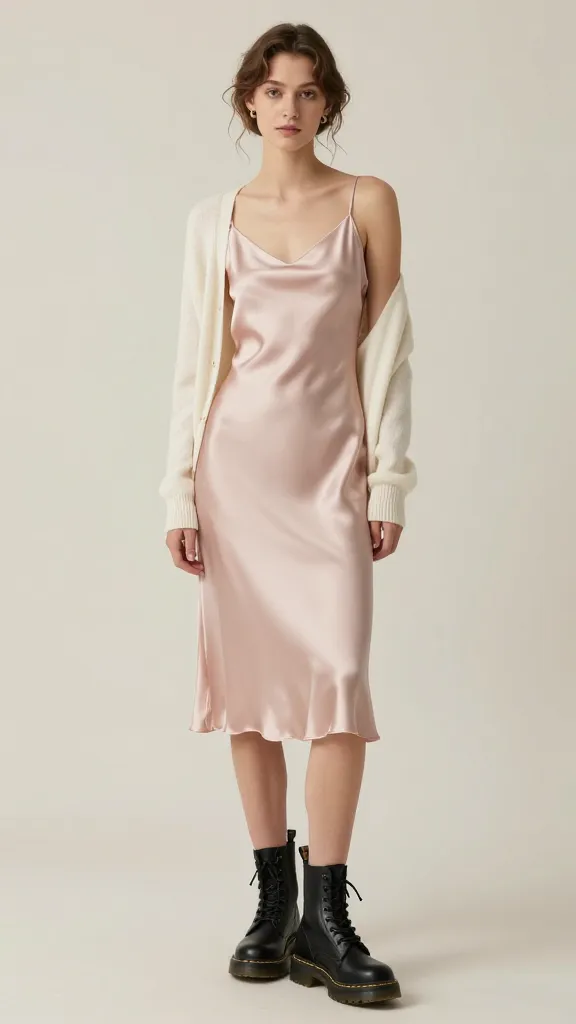 A pale blush bias-cut satin slip dress worn just above the knee, paired with chunky black Doc Martens, a lightweight ivory cardigan draped over the shoulders, and a delicate tousled hairstyle; soft, natural lighting with a minimalist studio backdrop.