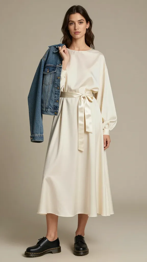 An oversized cream satin midi dress with a satin belt, black Doc Martens, a cropped denim jacket slung over one shoulder, and subtle makeup; neutral-toned backdrop with gentle shadows for a soft-edged editorial vibe.
