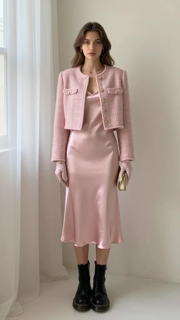 A pastel pink satin slip dress with a cropped tweed jacket, black Doc Martens, mid-length gloves, and a clutch; romantic window-light photography with sheer curtains and a pale backdrop.