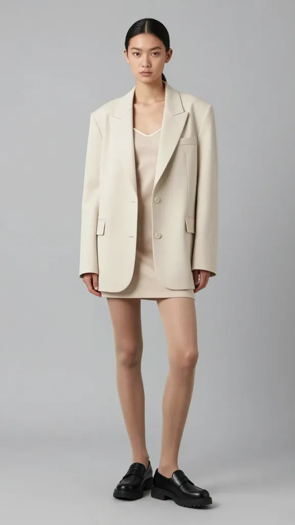 A bias-cut champagne slip dress styled with a tailored oversized blazer, semi-sheer tights, and black Docs; minimal jewelry and a sleek low ponytail, photographed against a soft gray studio wall.