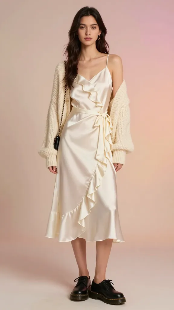 A ruffled midi dress in ivory satin with subtle sheen, black Doc Martens, a chunky knit cardigan tied at the waist, and a small chain-strap bag; warm ambient light and a pastel backdrop.