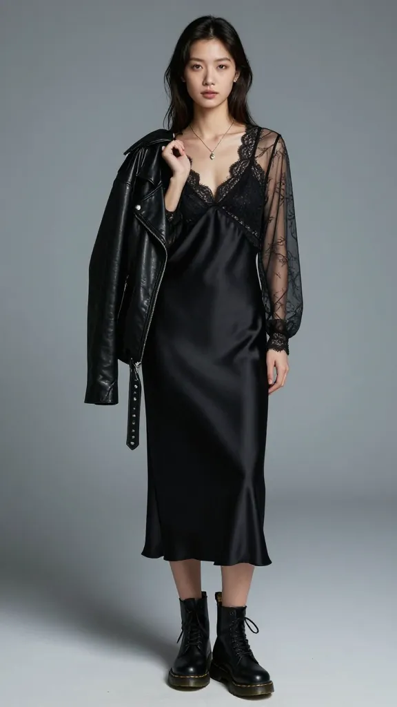 A visible contrast look: sheer blouse with lace details over a satin slip dress, black Doc Martens, a leather jacket casually slung over one shoulder, and a delicate pendant necklace; studio setting with soft, cool-toned lighting.