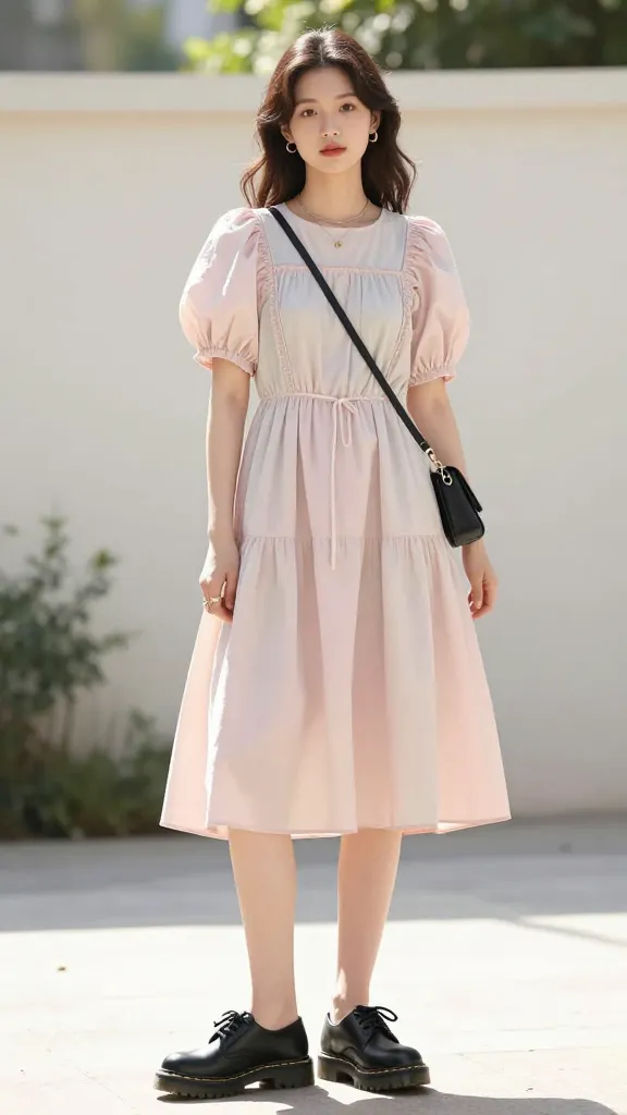 Full-length look featuring a pastel dress with puff sleeves, black chunky Doc Martens, a slim crossbody bag, and understated jewelry; airy outdoor setting with soft sunlight and a hint of greenery.