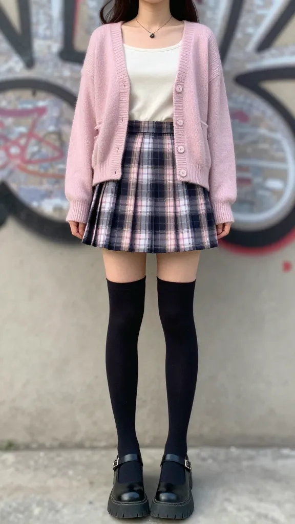 Grunge-girly ensemble: plaid mini skirt layered under a pastel cardigan, black Mary Janes with chunky soles, knee-high opaque tights, and a tiny pendant necklace; urban background with a subtle graffiti blur.