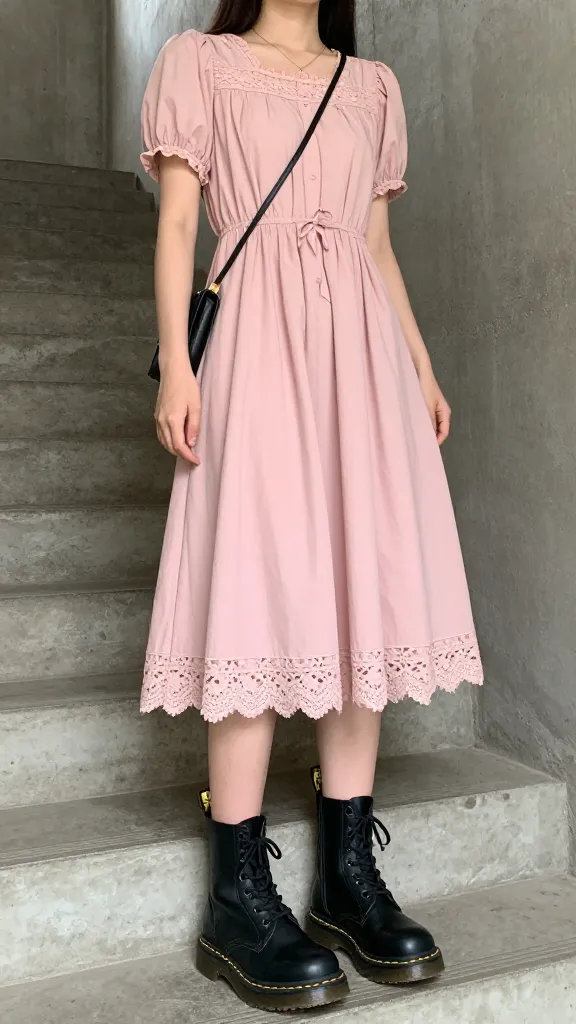 Soft pink midi dress with lace-trim, black Doc Martens, and a small crossbody; shot from a low angle against a concrete stairwell to emphasize boots’ ruggedness.