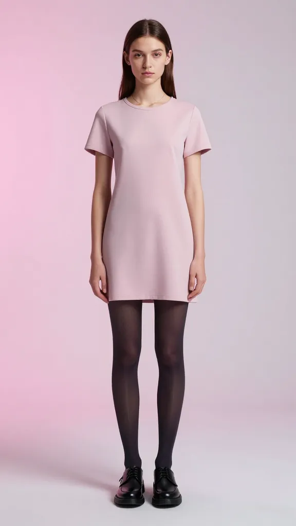 Pastel shift dress paired with black Docs, opaque tights, and minimal jewelry; two-tone lighting (soft pink and cool gray) to create a dreamy yet edgy vibe.
