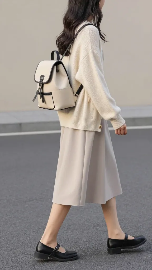 Wide-shot of a girl in a cream cardigan over a pastel slip dress, black Mary Janes, and a structured mini backpack; neutral street backdrop with soft morning light; subtle motion as if walking.
