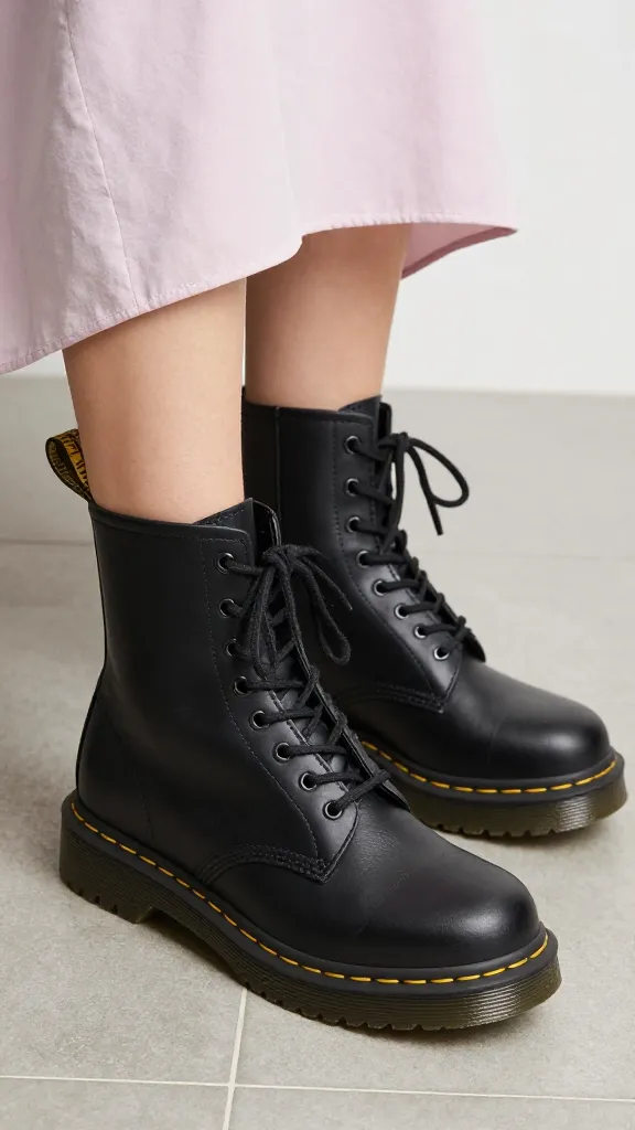 Close-up of Doc Martens resting on a tiled floor with a pastel dress hem just visible; contrast lighting to highlight the boot’s texture and lace details in a clean studio.