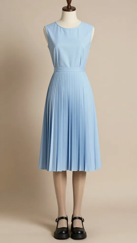Outfit on a mannequin: baby blue pleated midi dress with black chunky Mary Janes and sheer tights; accessories kept minimal; neutral backdrop with soft shadows for depth.