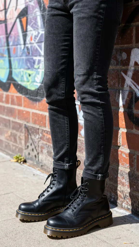 A street-style scene featuring a person wearing black denim jeans with towering black Doc Martens, standing against a graffiti-covered brick wall on a sunlit urban sidewalk.