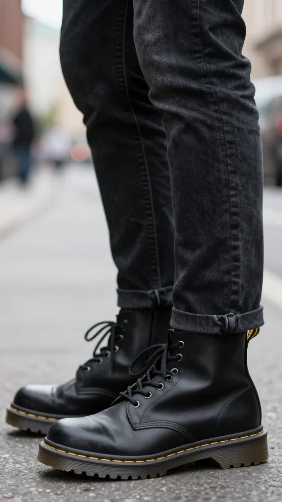 Close-up shot of black jeans tucked into chunky black Doc Martens, focusing on the contrast between the matte denim and the boot’s rugged leather, with a blurred city street background.