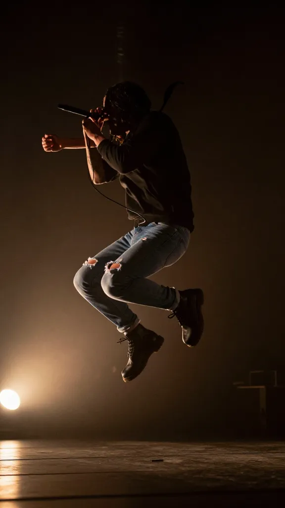 A concert-style moment: silhouette of a person wearing distressed blue jeans and black Doc Martens, performing a stage jump with a dark, moody backdrop and warm spotlight.