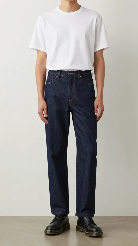 A minimalist outfit rail: a model wearing dark blue denim, a simple white tee, and black Doc Martens, posed against a plain off-white wall with even lighting.