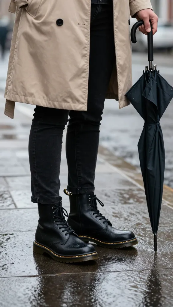 A rainy-day street scene: person in black jeans, waterproofed black Doc Martens, and a long trench coat, umbrella in hand, reflective wet pavement.