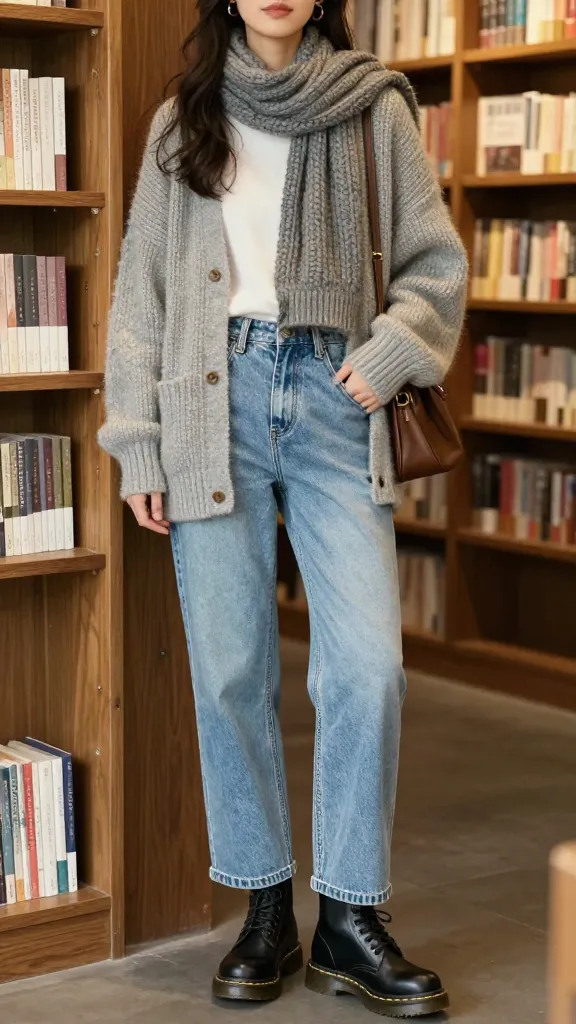 A casual weekend look: light-wash denim with ankle-length Doc Martens, oversized cardigan, and a chunky scarf, standing in a cozy bookstore corner.