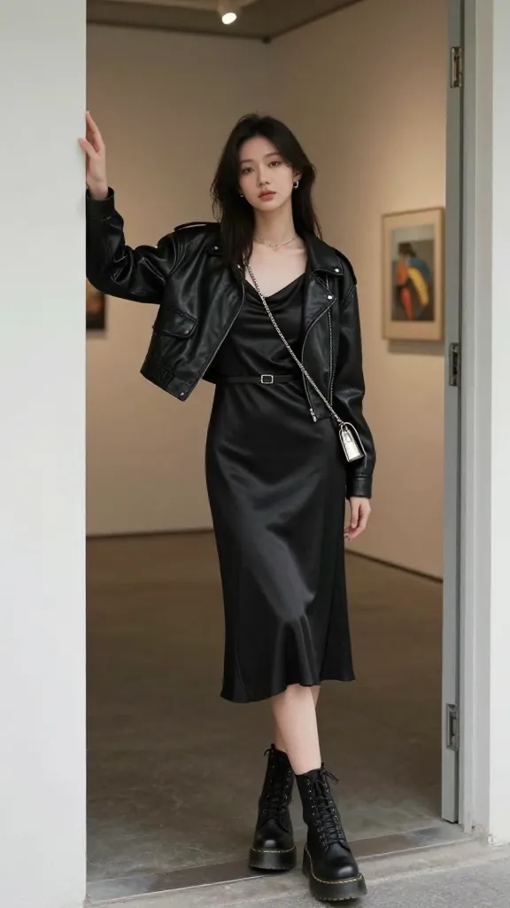 A knee-length satin black slip dress with a chunky black Doc Martens combat boot, layered under a cropped black leather jacket, thin waist belt, and a small metallic chain crossbody bag, posing in an urban gallery doorway with moody diffused lighting.