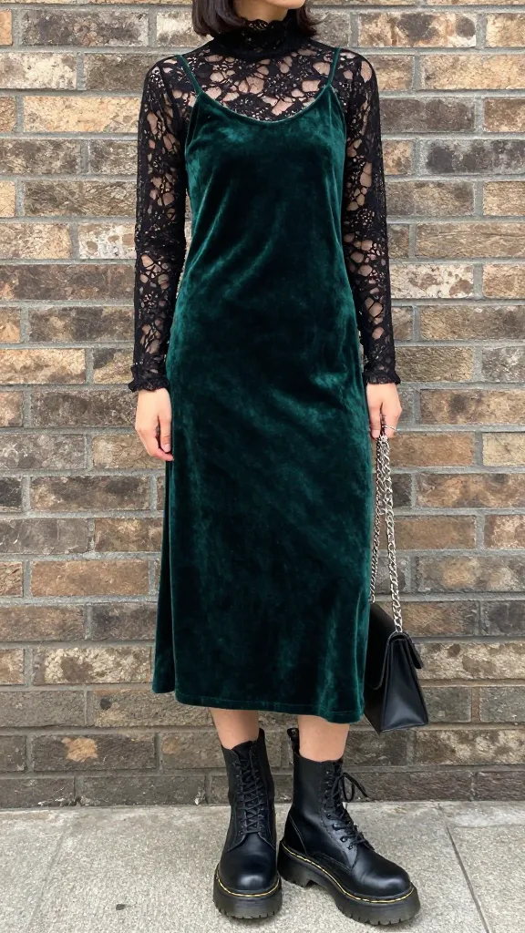 A jewel-toned velvet slip dress (emerald) with chunky black Doc Martens, a cropped black lace turtleneck underneath, and a minimalist silver chain bag; standing against a brick wall with a gritty texture backdrop.