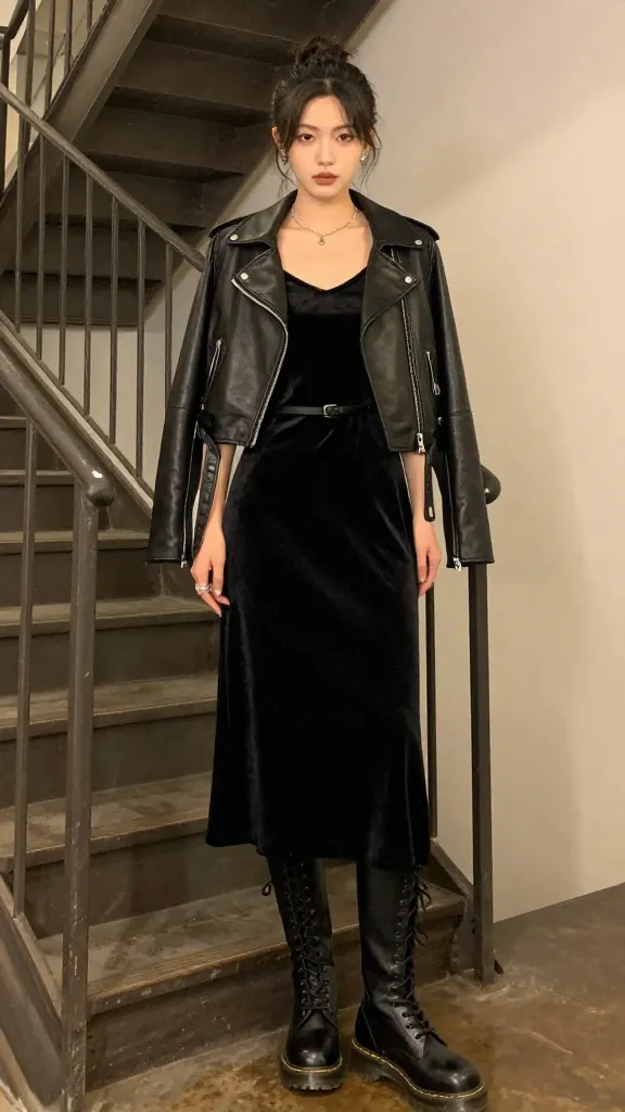 Black velvet midi slip dress with matte finish, paired with tall black Doc Martens, a motorcycle-style cropped leather jacket, and a thin waist belt; photographed on a stairwell with industrial metal railings and warm tungsten lighting.